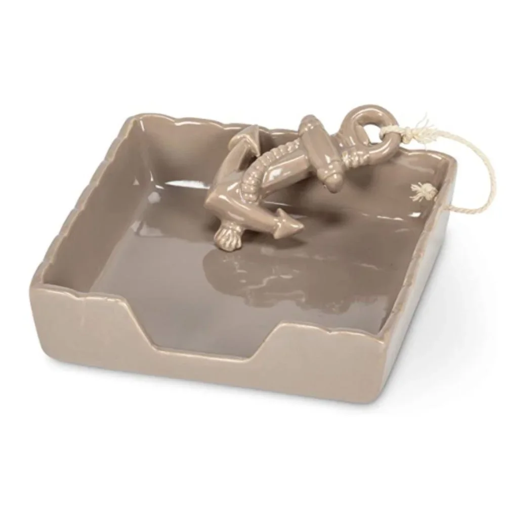 SOLD Anchor & Rope Tan Ceramic Luncheon Napkin Holder - Picture 3 of 5